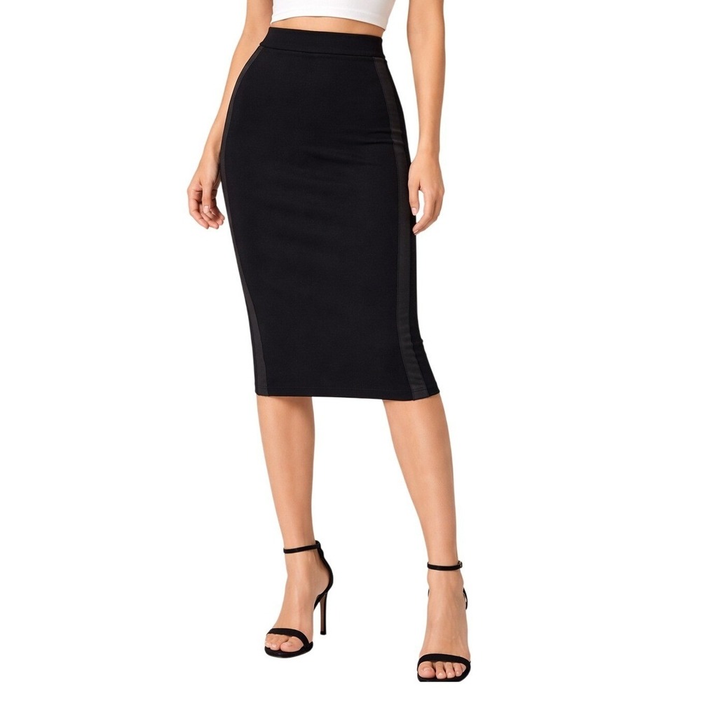 Vince‎ Black High Waisted Knit Pencil Midi Skirt Side Stripes XS Italian Yarn